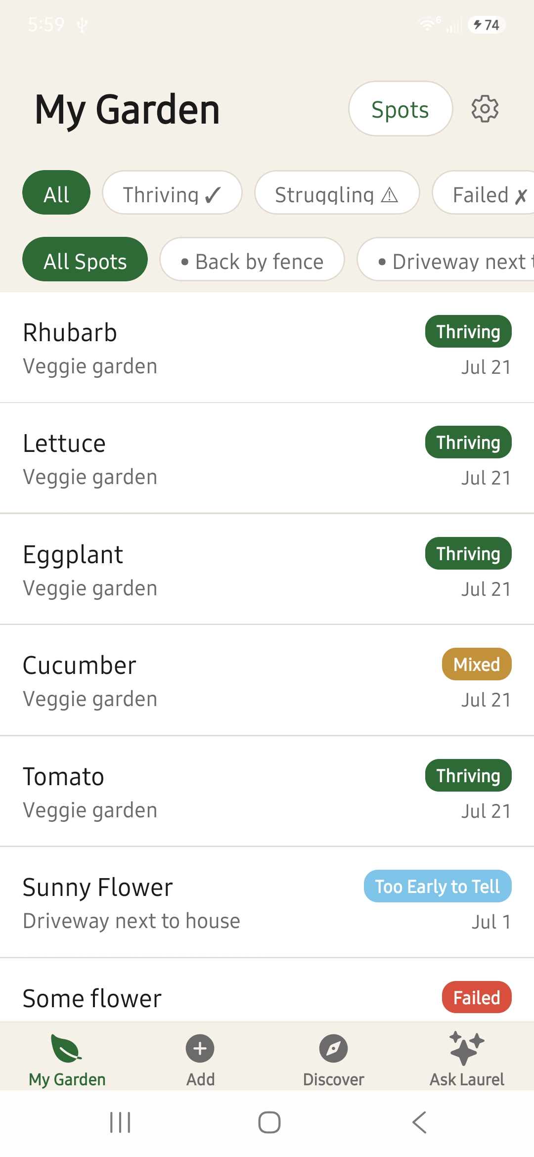Garden Lore My Garden screen listing plants with Thriving and Mixed outcome tags