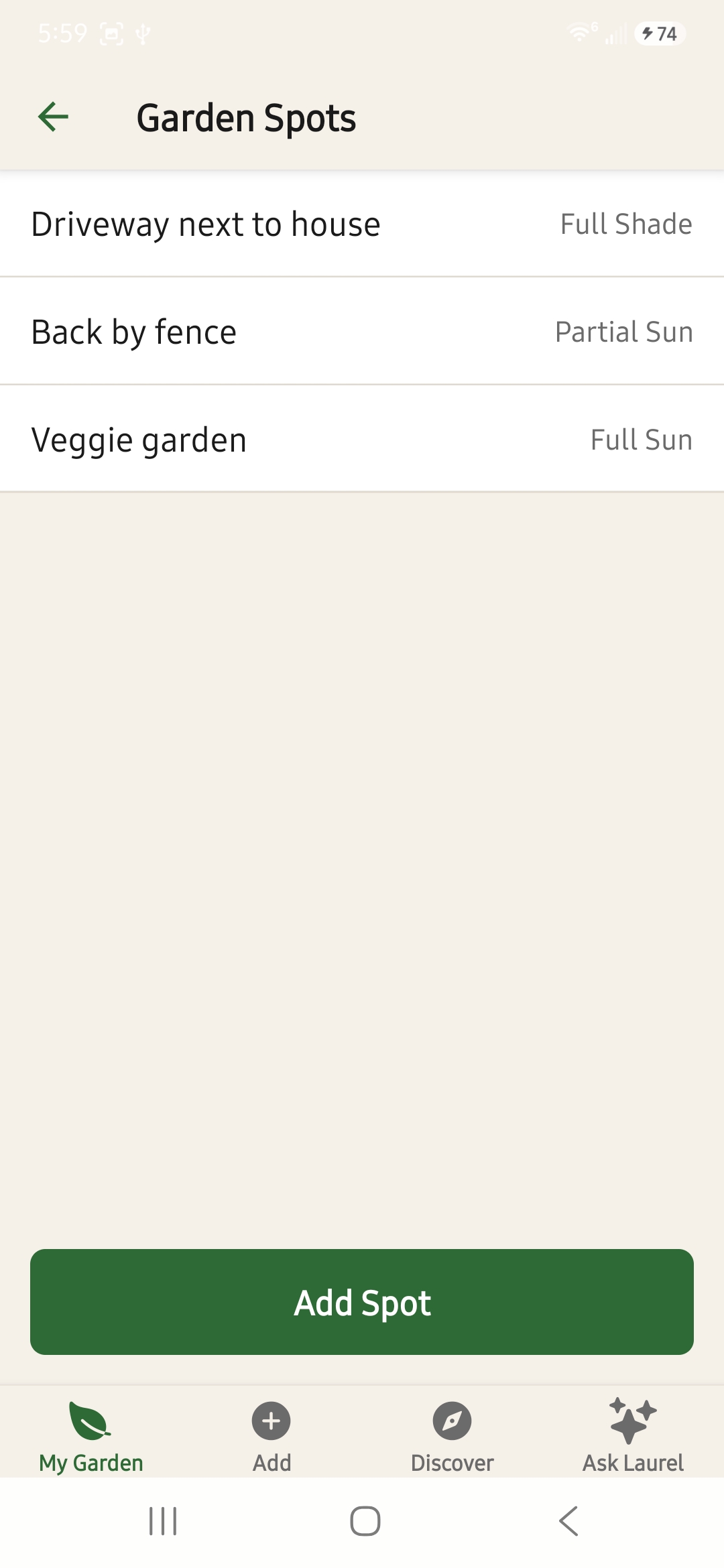 Garden Lore Garden Spots screen listing yard spots with their sun levels