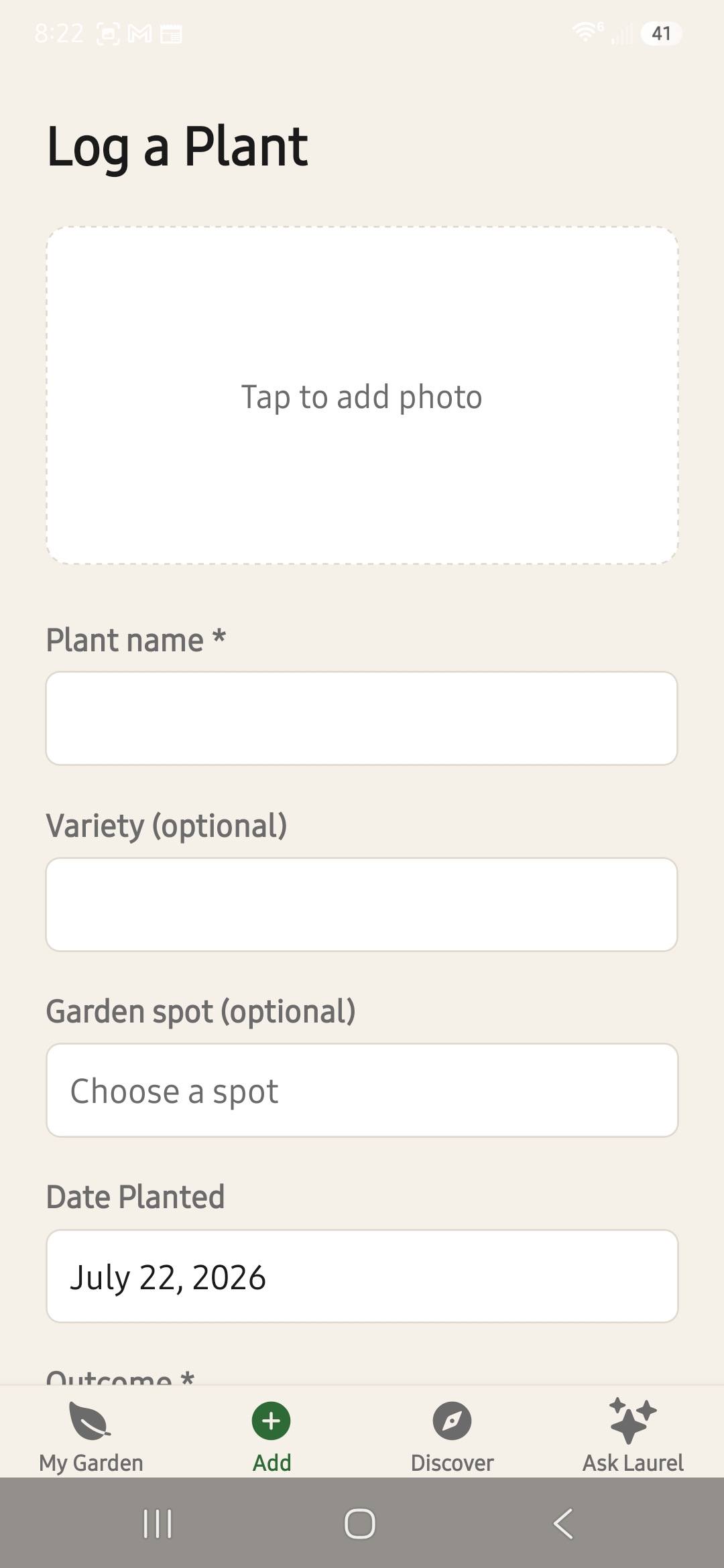 Garden Lore Log a Plant form with photo, name, variety, and spot fields