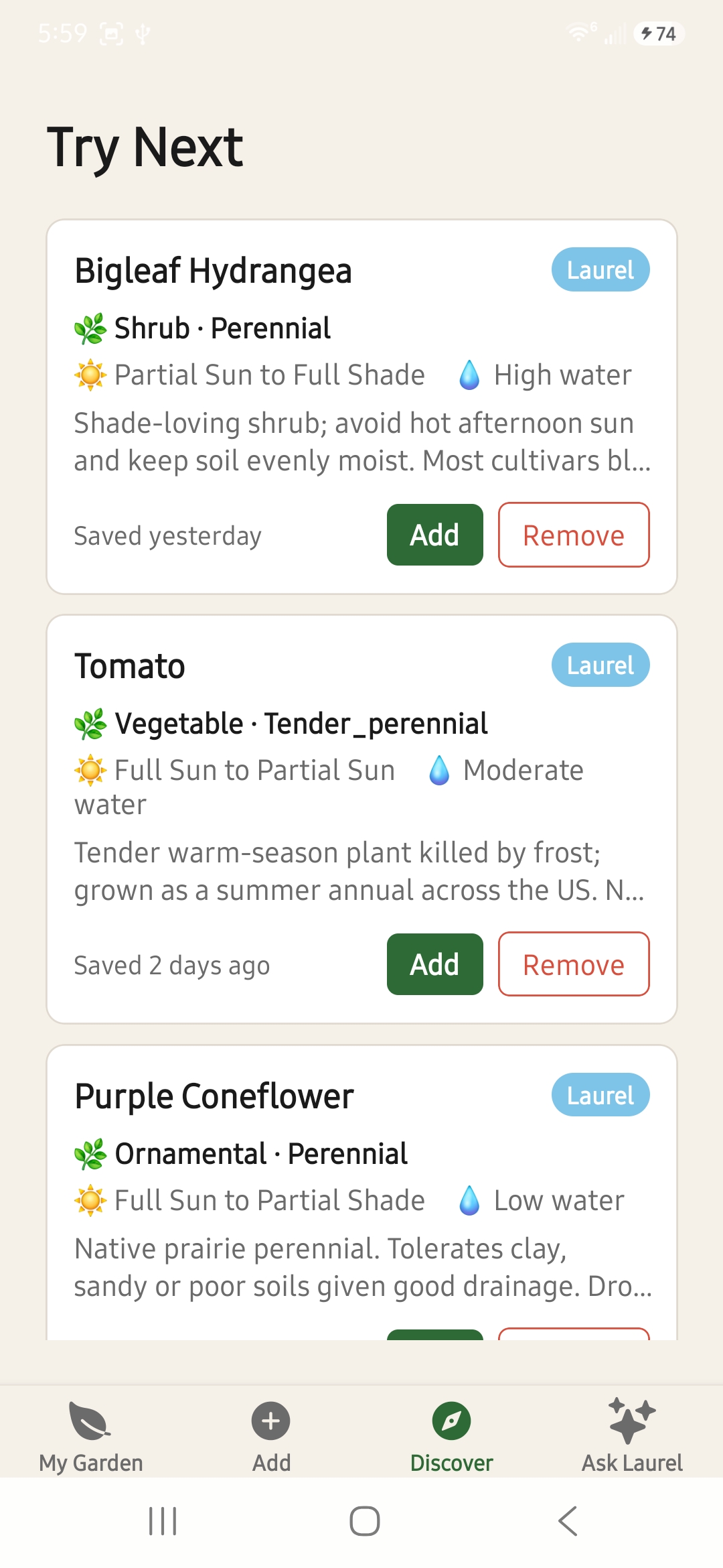 Garden Lore Try Next screen with saved plant recommendations
